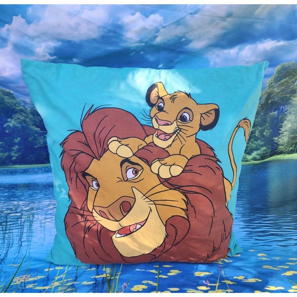Vintage 1990s Disney Lion King Throw Pillow – Mufasa, Simba, Nala – 19x19" RARE